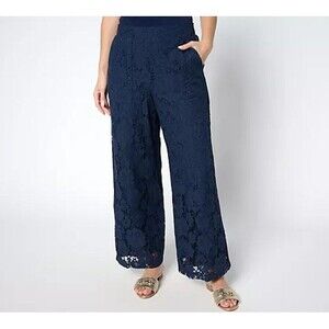 By Stacy London Pants Womens Large Blue Floral Lace Wide Leg Ankle Pull On Lined
